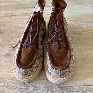 Gucci Brown and Cream Monogram Lace-Up Boots